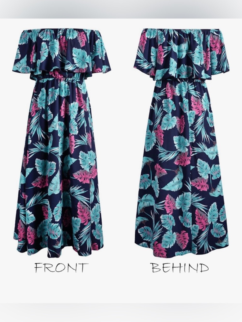 Cupshe Navy Off-Shoulder Tropical Leaf Maxi Dress with Teal & Pink Print - Picture 4 of 6